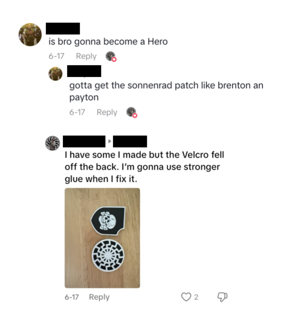 Comments under a TikTok liked by Desmond Holly suggesting he may commit an ideologically motivated attack, and urging him to get patches of white supremacist symbols.